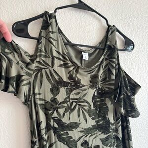 Medium Green Leaf Print Cold Shoulder Top